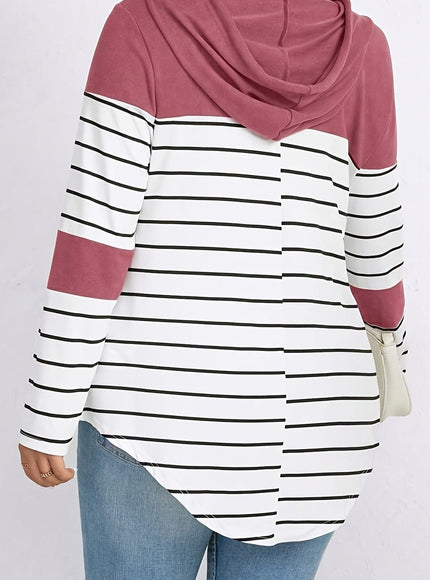 jkthpu-45 Plus Size Casual Striped Hooded Sweatshirt Relaxed Fit