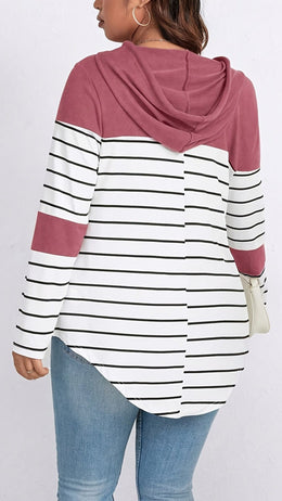 jkthpu-45 Plus Size Casual Striped Hooded Sweatshirt Relaxed Fit