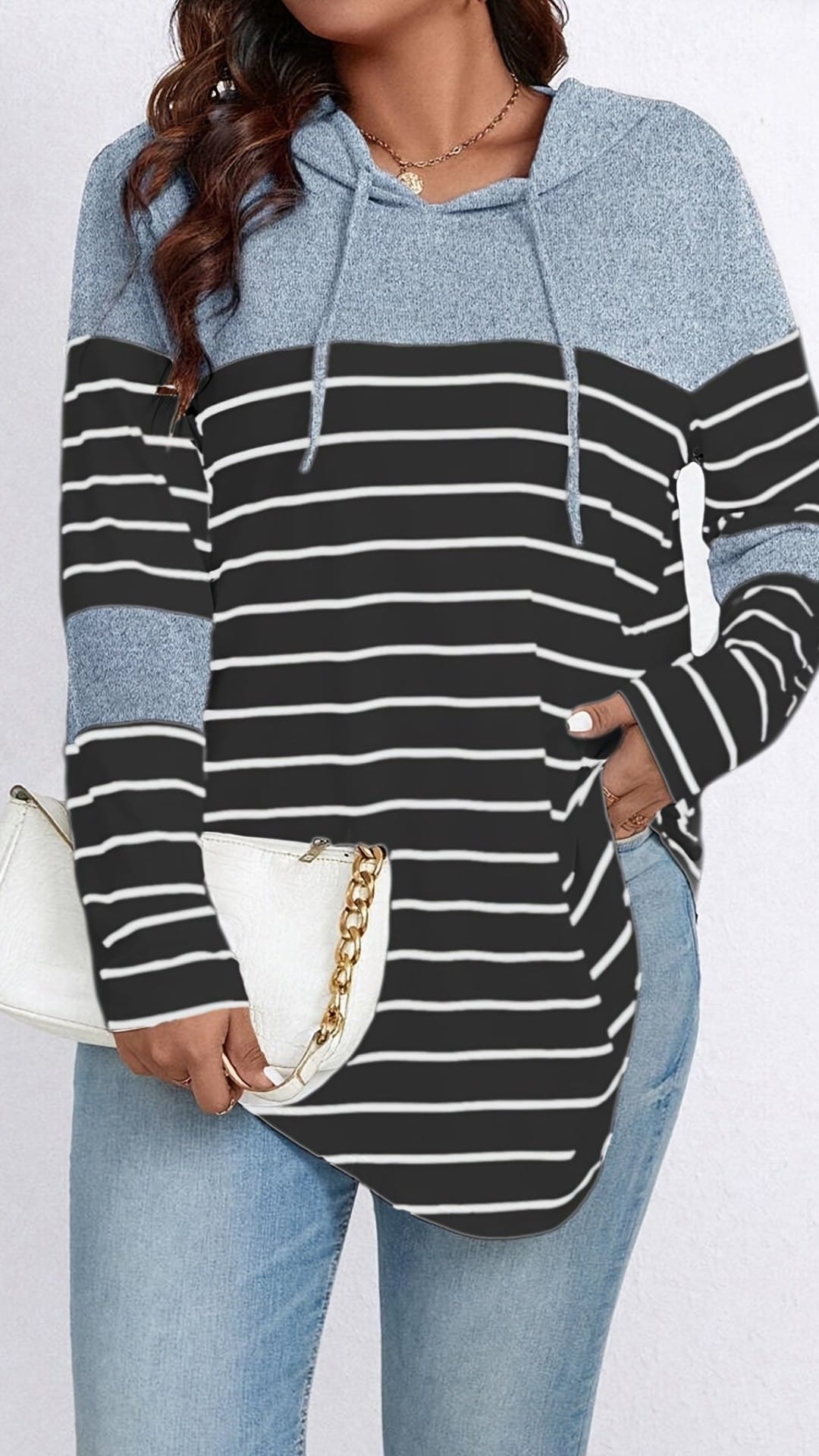 jkthpu-45 Plus Size Casual Striped Hooded Sweatshirt Relaxed Fit