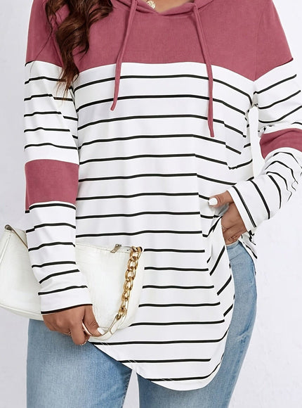 jkthpu-45 Plus Size Casual Striped Hooded Sweatshirt Relaxed Fit