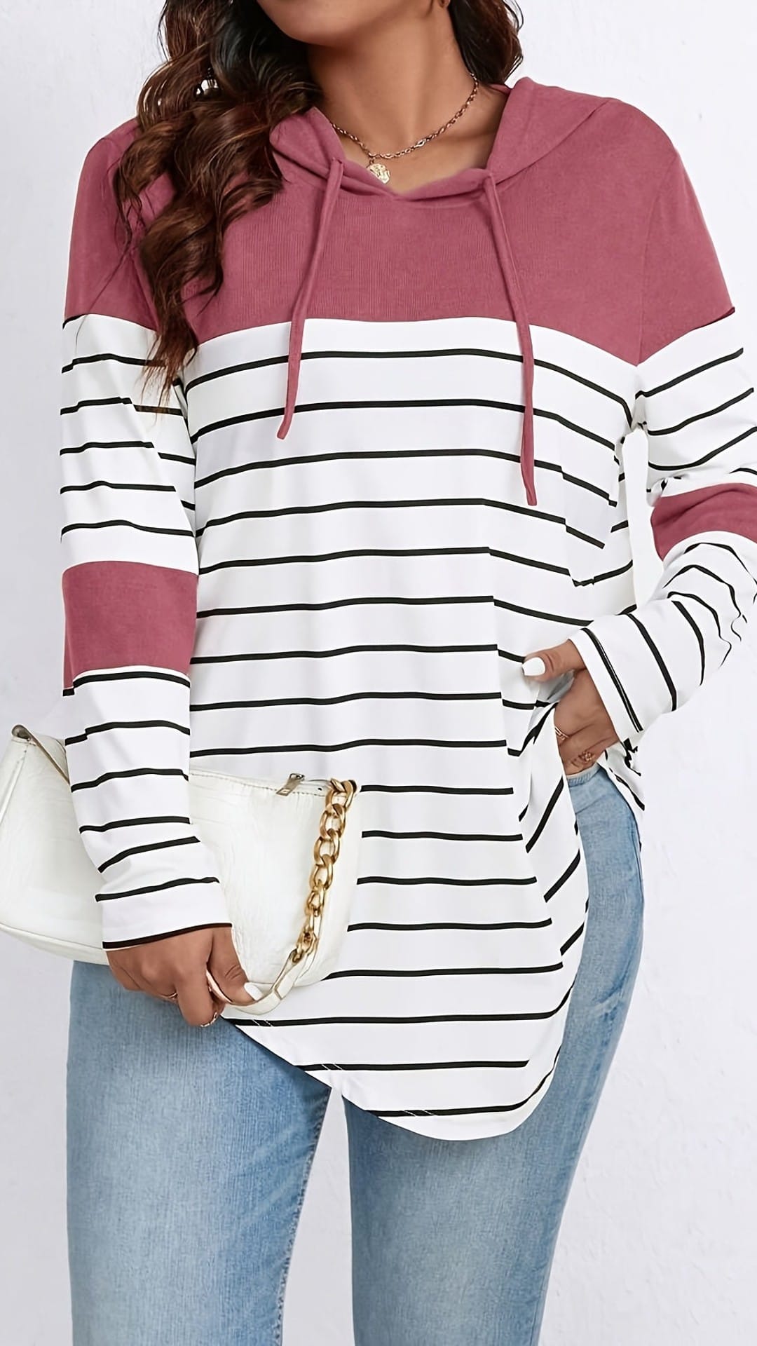 jkthpu-45 Plus Size Casual Striped Hooded Sweatshirt Relaxed Fit
