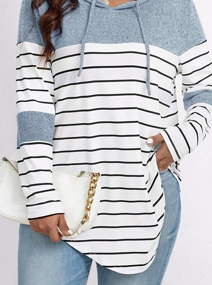 jkthpu-45 Plus Size Casual Striped Hooded Sweatshirt Relaxed Fit