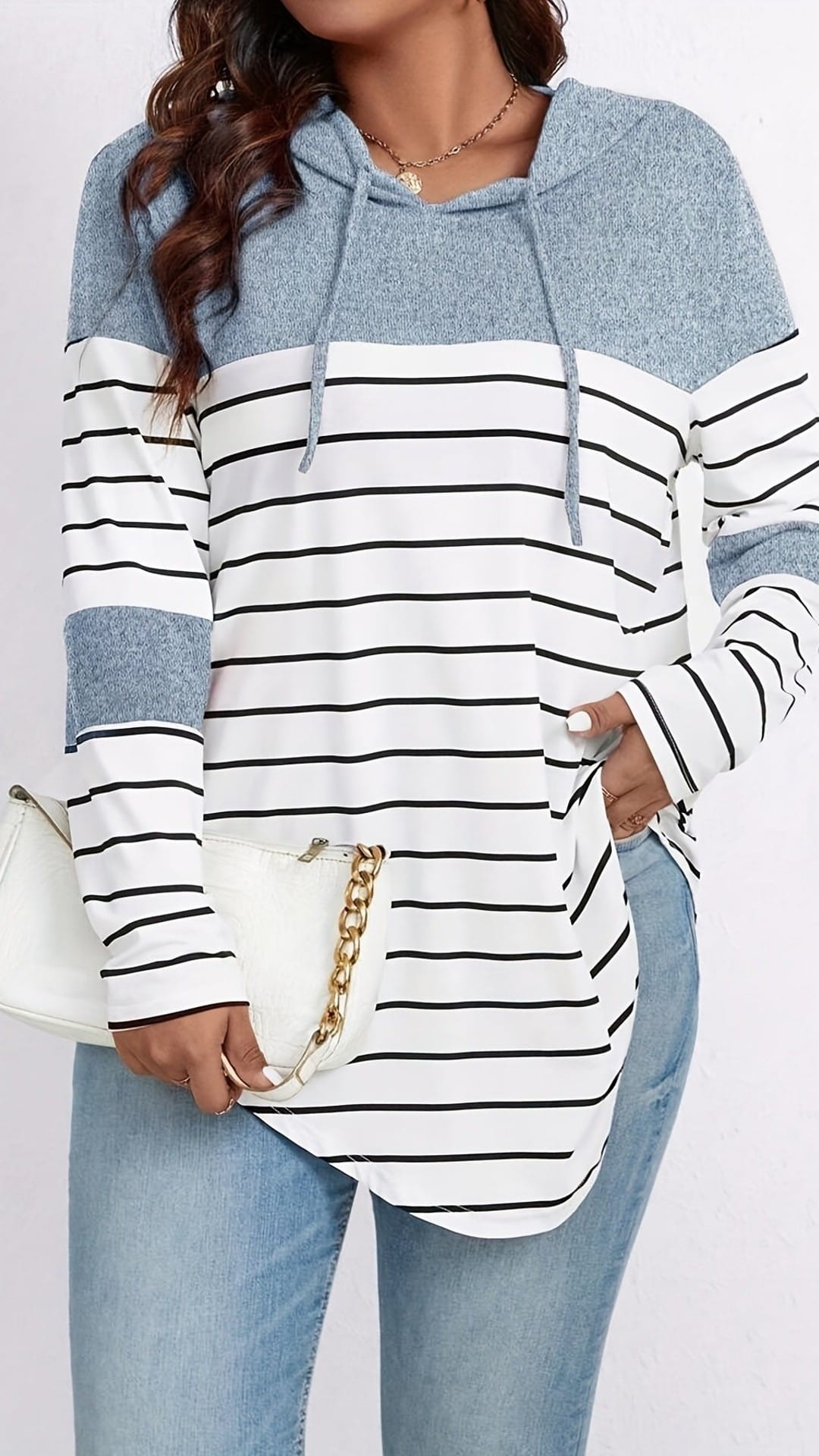 jkthpu-45 Plus Size Casual Striped Hooded Sweatshirt Relaxed Fit