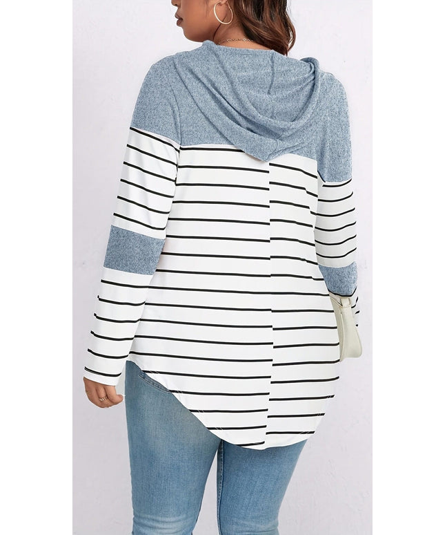 jkthpu-45 Plus Size Casual Striped Hooded Sweatshirt Relaxed Fit