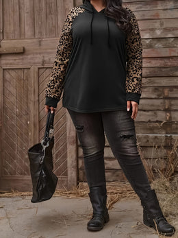 jkthpu-45 Plus Size Casual Sweatshirt, Women's Plus Colorblock Leopard