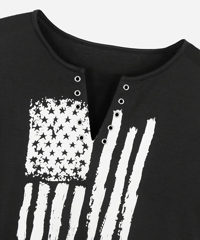 KissICON Plus Size Casual T-shirt, Women's Plus Flag Print Grommet Short Sleeve Notched Neck Medium Stretch T-shirt