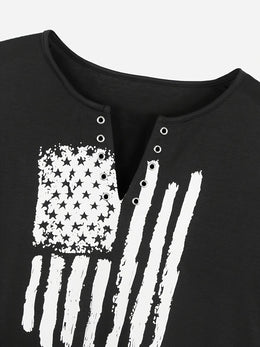 KissICON Plus Size Casual T-shirt, Women's Plus Flag Print Grommet Short Sleeve Notched Neck Medium Stretch T-shirt