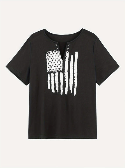 KissICON Plus Size Casual T-shirt, Women's Plus Flag Print Grommet Short Sleeve Notched Neck Medium Stretch T-shirt
