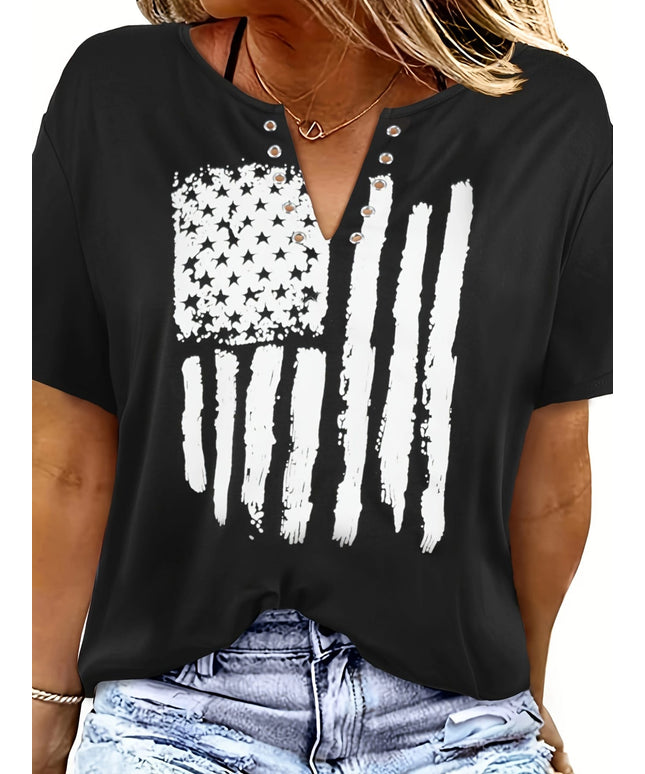 KissICON Plus Size Casual T-shirt, Women's Plus Flag Print Grommet Short Sleeve Notched Neck Medium Stretch T-shirt