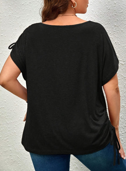 KissICON Plus Size Casual T-shirt, Women's Plus Solid Drawstring Ruched Short Sleeve Round Neck Slight Stretch T-shirt