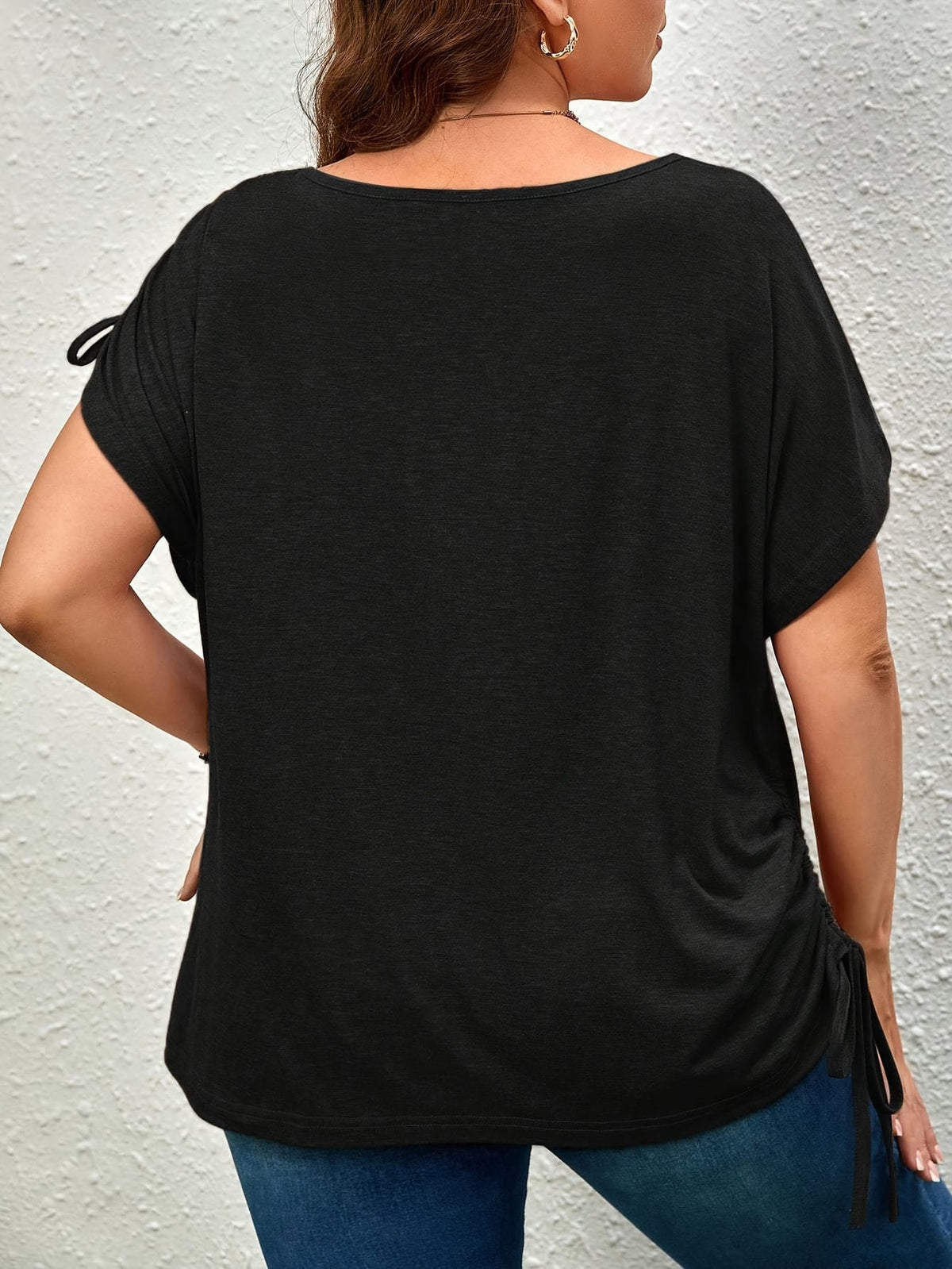 KissICON Plus Size Casual T-shirt, Women's Plus Solid Drawstring Ruched Short Sleeve Round Neck Slight Stretch T-shirt