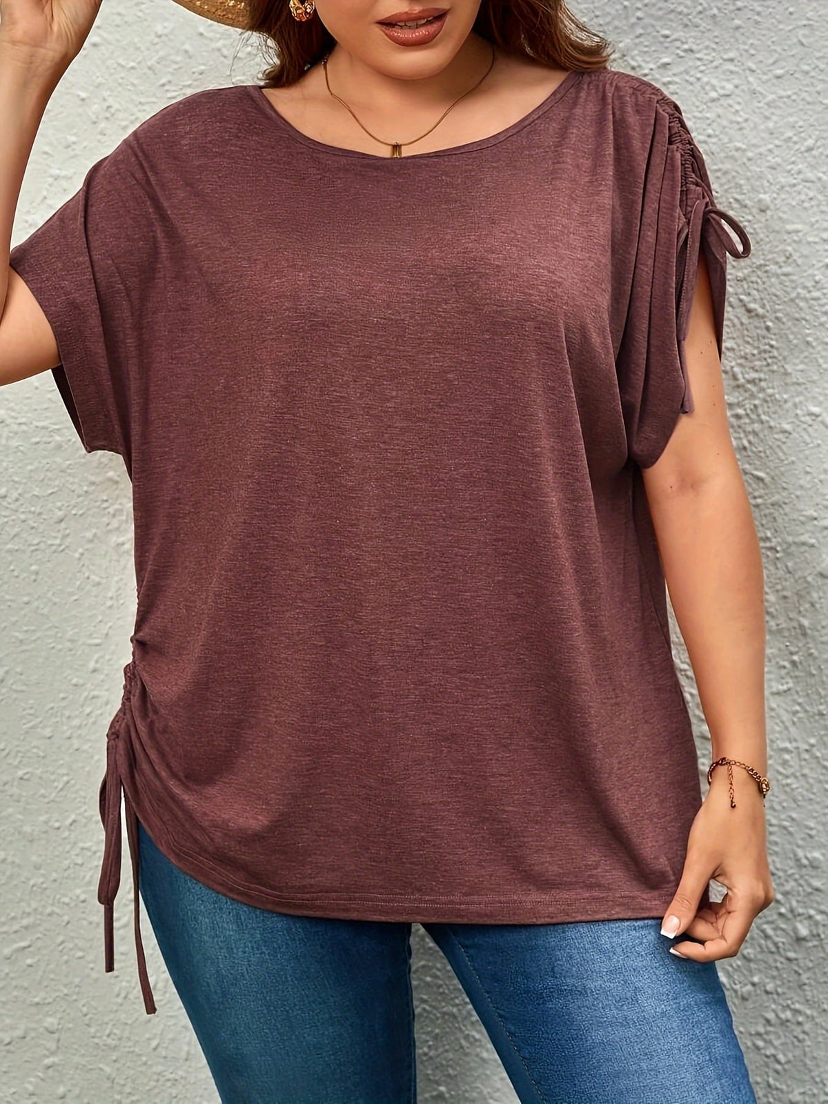 KissICON Plus Size Casual T-shirt, Women's Plus Solid Drawstring Ruched Short Sleeve Round Neck Slight Stretch T-shirt