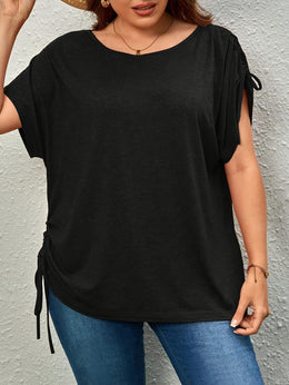 KissICON Plus Size Casual T-shirt, Women's Plus Solid Drawstring Ruched Short Sleeve Round Neck Slight Stretch T-shirt