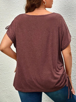 KissICON Plus Size Casual T-shirt, Women's Plus Solid Drawstring Ruched Short Sleeve Round Neck Slight Stretch T-shirt