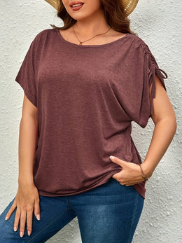 KissICON Plus Size Casual T-shirt, Women's Plus Solid Drawstring Ruched Short Sleeve Round Neck Slight Stretch T-shirt