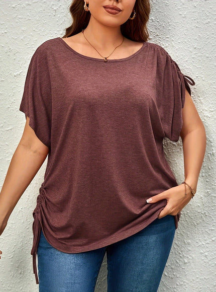 KissICON Plus Size Casual T-shirt, Women's Plus Solid Drawstring Ruched Short Sleeve Round Neck Slight Stretch T-shirt