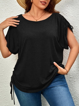 KissICON Plus Size Casual T-shirt, Women's Plus Solid Drawstring Ruched Short Sleeve Round Neck Slight Stretch T-shirt