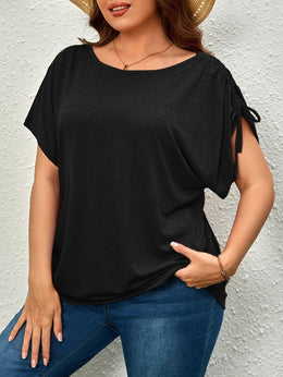 KissICON Plus Size Casual T-shirt, Women's Plus Solid Drawstring Ruched Short Sleeve Round Neck Slight Stretch T-shirt
