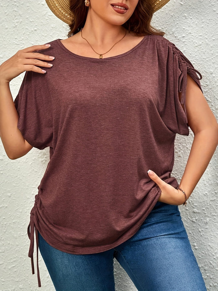 Plus Size Casual T-shirt, Women's Plus Solid Drawstring Ruched Short Sleeve Round Neck Slight Stretch T-shirt