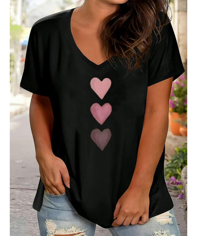 jkthpu-45 Plus Size Casual Women's T-shirt Three Pink Hearts