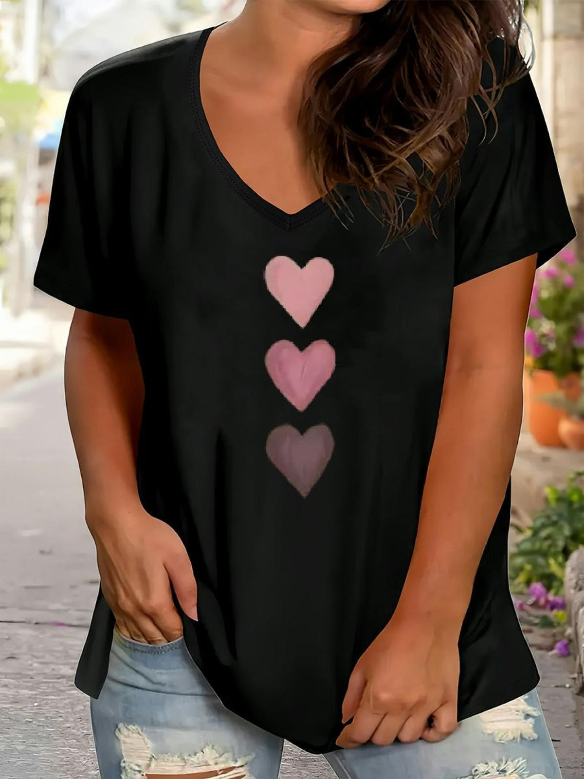 jkthpu-45 Plus Size Casual Women's T-shirt Three Pink Hearts