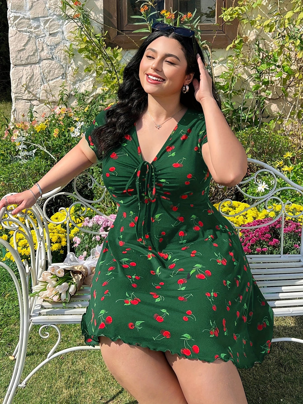jkthpu-45 Plus Size Cherry Print A-Line Dress with Ruffle Detail, Elastic Waistband, V-Neck, Short Sleeve, Summer Style, Floral Garden Setting, Floral Dress | Vibrant Print Dress | Stretchy Fabric