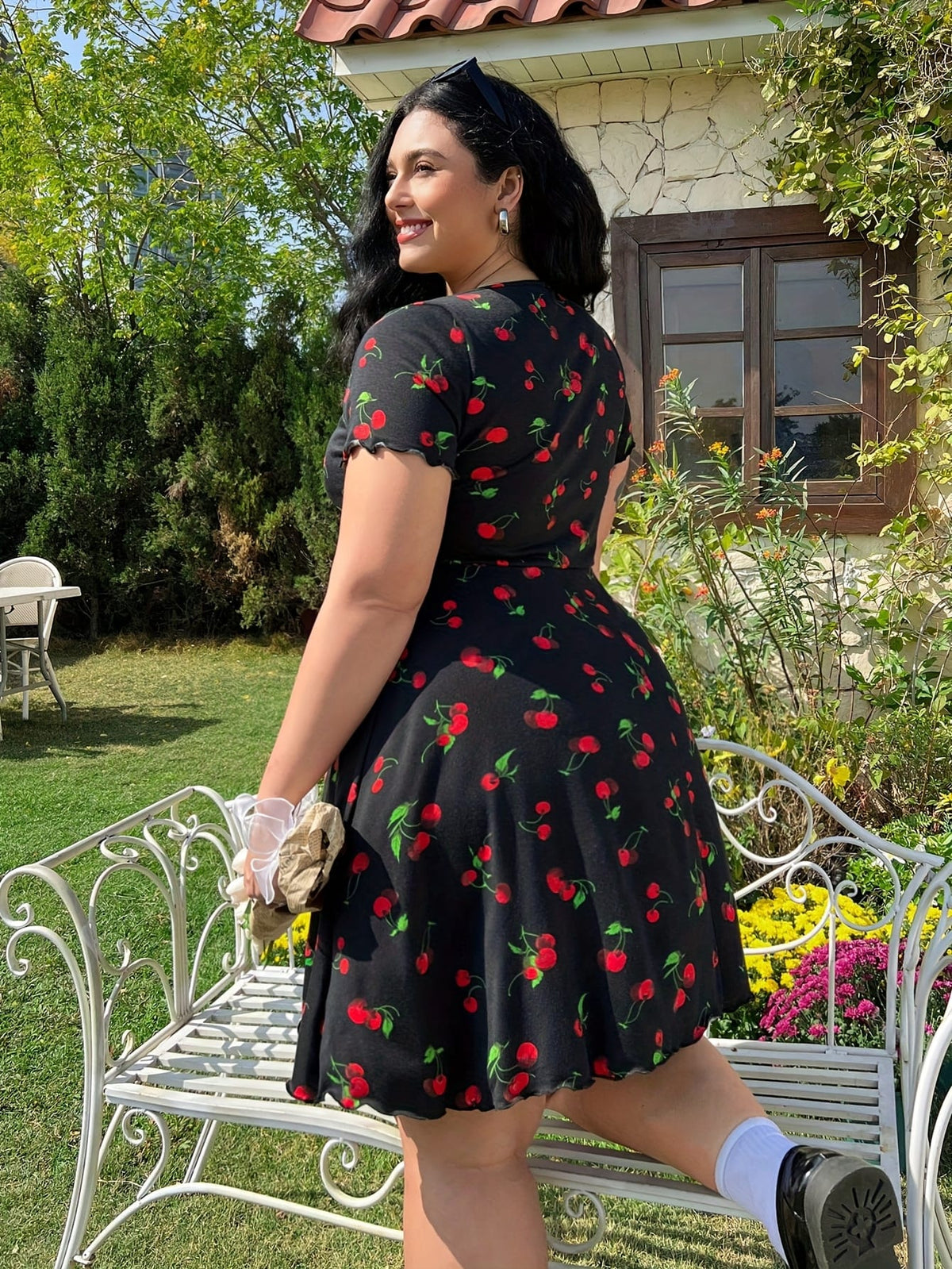 jkthpu-45 Plus Size Cherry Print A-Line Dress with Ruffle Detail, Elastic Waistband, V-Neck, Short Sleeve, Summer Style, Floral Garden Setting, Floral Dress | Vibrant Print Dress | Stretchy Fabric