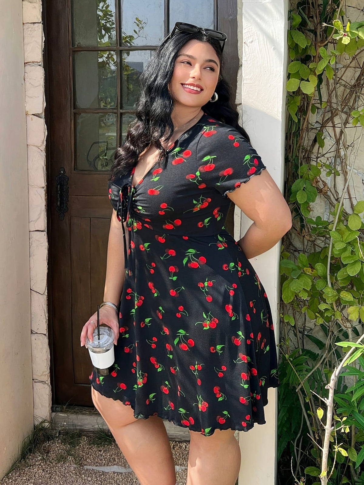 jkthpu-45 Plus Size Cherry Print A-Line Dress with Ruffle Detail, Elastic Waistband, V-Neck, Short Sleeve, Summer Style, Floral Garden Setting, Floral Dress | Vibrant Print Dress | Stretchy Fabric