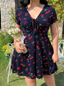 jkthpu-45 Plus Size Cherry Print A-Line Dress with Ruffle Detail, Elastic Waistband, V-Neck, Short Sleeve, Summer Style, Floral Garden Setting, Floral Dress | Vibrant Print Dress | Stretchy Fabric
