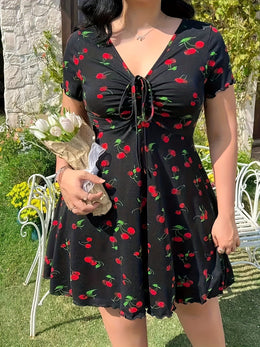 jkthpu-45 Plus Size Cherry Print A-Line Dress with Ruffle Detail, Elastic Waistband, V-Neck, Short Sleeve, Summer Style, Floral Garden Setting, Floral Dress | Vibrant Print Dress | Stretchy Fabric