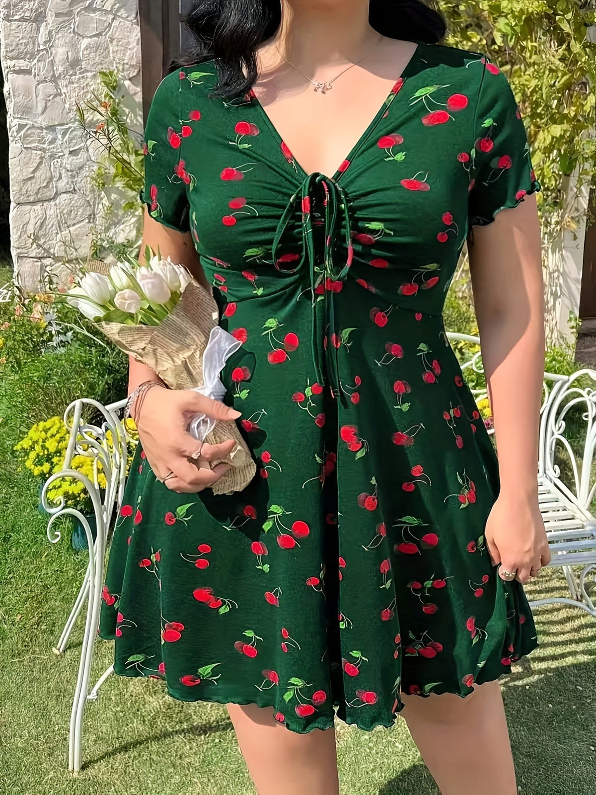 jkthpu-45 Plus Size Cherry Print A-Line Dress with Ruffle Detail, Elastic Waistband, V-Neck, Short Sleeve, Summer Style, Floral Garden Setting, Floral Dress | Vibrant Print Dress | Stretchy Fabric