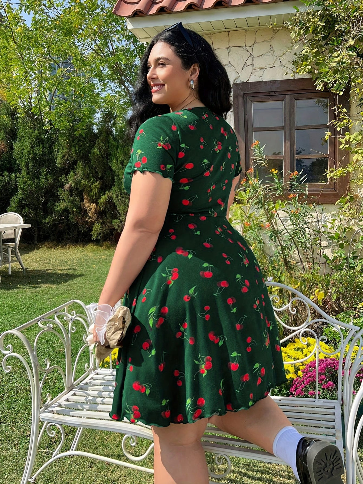 jkthpu-45 Plus Size Cherry Print A-Line Dress with Ruffle Detail, Elastic Waistband, V-Neck, Short Sleeve, Summer Style, Floral Garden Setting, Floral Dress | Vibrant Print Dress | Stretchy Fabric