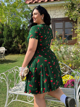 jkthpu-45 Plus Size Cherry Print A-Line Dress with Ruffle Detail, Elastic Waistband, V-Neck, Short Sleeve, Summer Style, Floral Garden Setting, Floral Dress | Vibrant Print Dress | Stretchy Fabric
