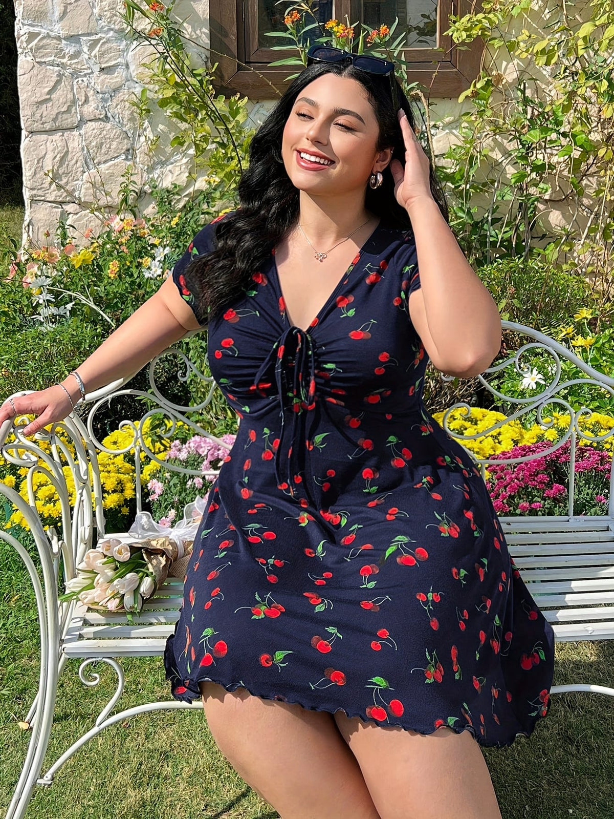 jkthpu-45 Plus Size Cherry Print A-Line Dress with Ruffle Detail, Elastic Waistband, V-Neck, Short Sleeve, Summer Style, Floral Garden Setting, Floral Dress | Vibrant Print Dress | Stretchy Fabric