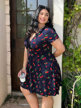 jkthpu-45 Plus Size Cherry Print A-Line Dress with Ruffle Detail, Elastic Waistband, V-Neck, Short Sleeve, Summer Style, Floral Garden Setting, Floral Dress | Vibrant Print Dress | Stretchy Fabric