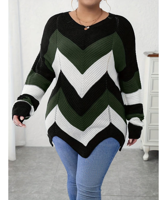 jkthpu-45 Plus Size Chevron Pattern Colorblock Sweater, Casual Long
