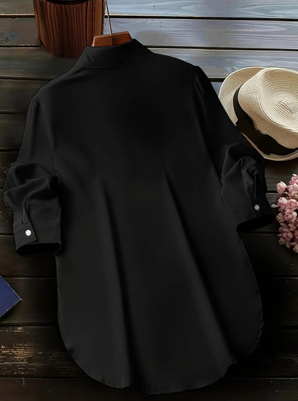 KissICON Plus Size Chic Blouse with Flowy Curved Hem - Fashionable Button Front & Classic Collar - Perfect Casual Wear for Spring - Womens Plus Size Clothing