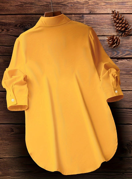 KissICON Plus Size Chic Blouse with Flowy Curved Hem - Fashionable Button Front & Classic Collar - Perfect Casual Wear for Spring - Womens Plus Size Clothing