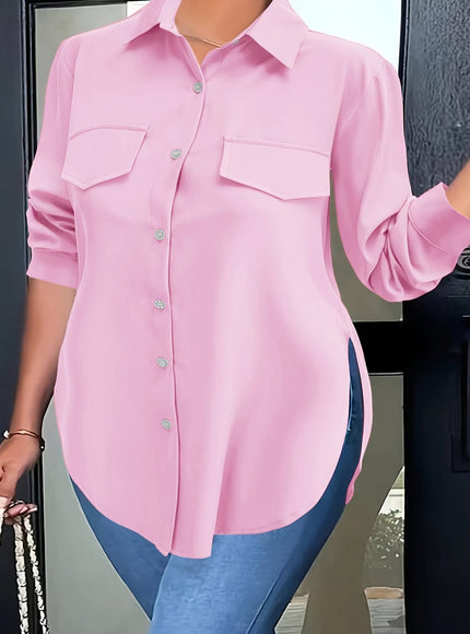 KissICON Plus Size Chic Blouse with Flowy Curved Hem - Fashionable Button Front & Classic Collar - Perfect Casual Wear for Spring - Womens Plus Size Clothing