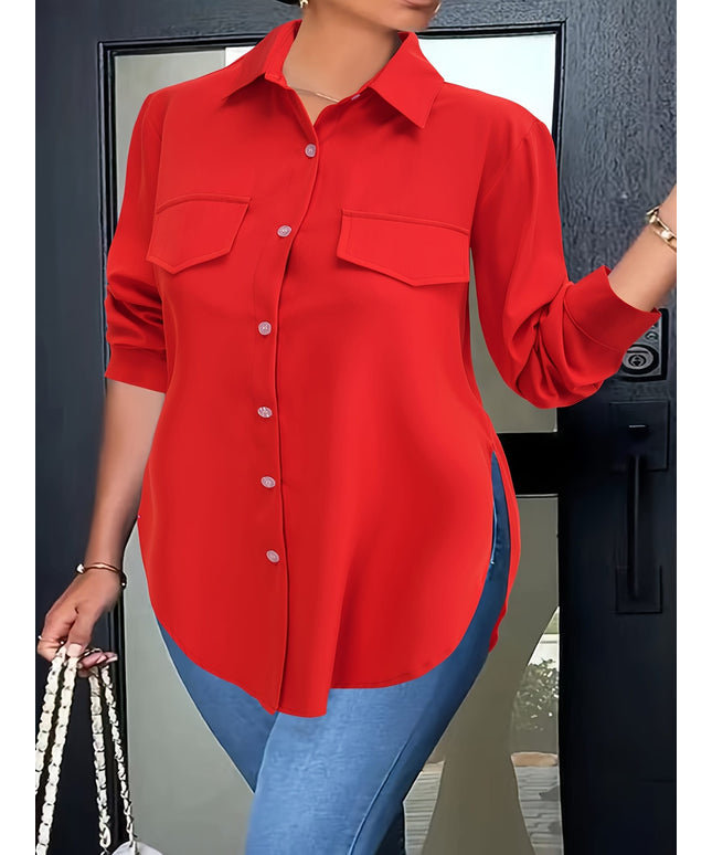 KissICON Plus Size Chic Blouse with Flowy Curved Hem - Fashionable Button Front & Classic Collar - Perfect Casual Wear for Spring - Womens Plus Size Clothing