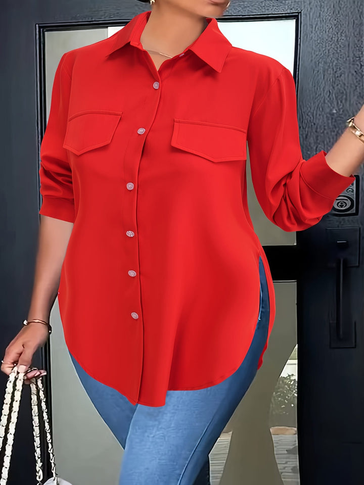 Plus Size Chic Blouse with Flowy Curved Hem - Fashionable Button Front & Classic Collar - Perfect Casual Wear for Spring - Womens Plus Size Clothing
