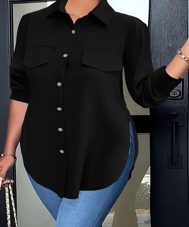 KissICON Plus Size Chic Blouse with Flowy Curved Hem - Fashionable Button Front & Classic Collar - Perfect Casual Wear for Spring - Womens Plus Size Clothing