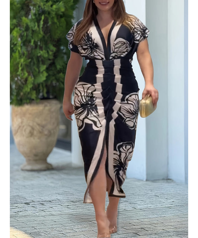 jkthpu-45 Plus Size, CHICME Women's Retro Floral Print V-Neck Ruched Waist Slit Bodycon Dress - Summer Casual Machine Washable Black & White Stripes with Golden Accents