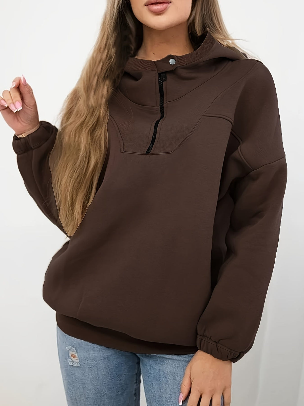 jkthpu-45 Plus Size Coffee Brown Half-Zip Hooded Sweatshirt – Casual Autumn Winter