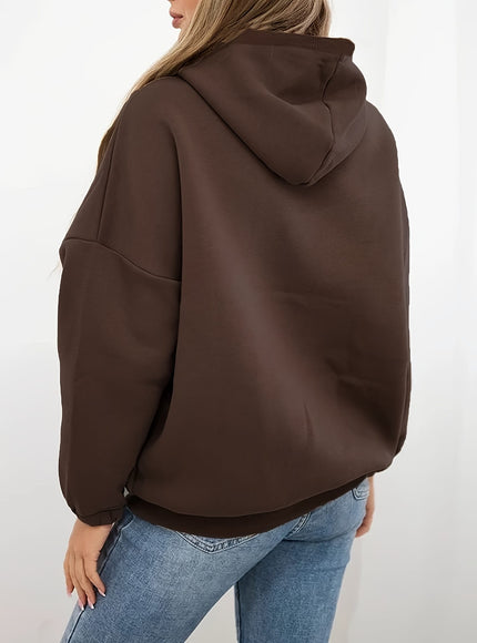 jkthpu-45 Plus Size Coffee Brown Half-Zip Hooded Sweatshirt – Casual Autumn Winter