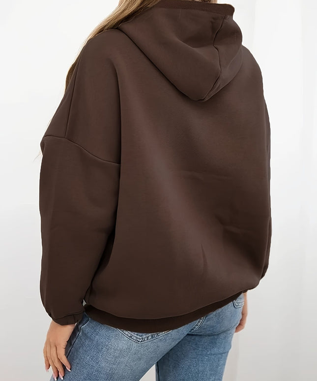 jkthpu-45 Plus Size Coffee Brown Half-Zip Hooded Sweatshirt – Casual Autumn Winter