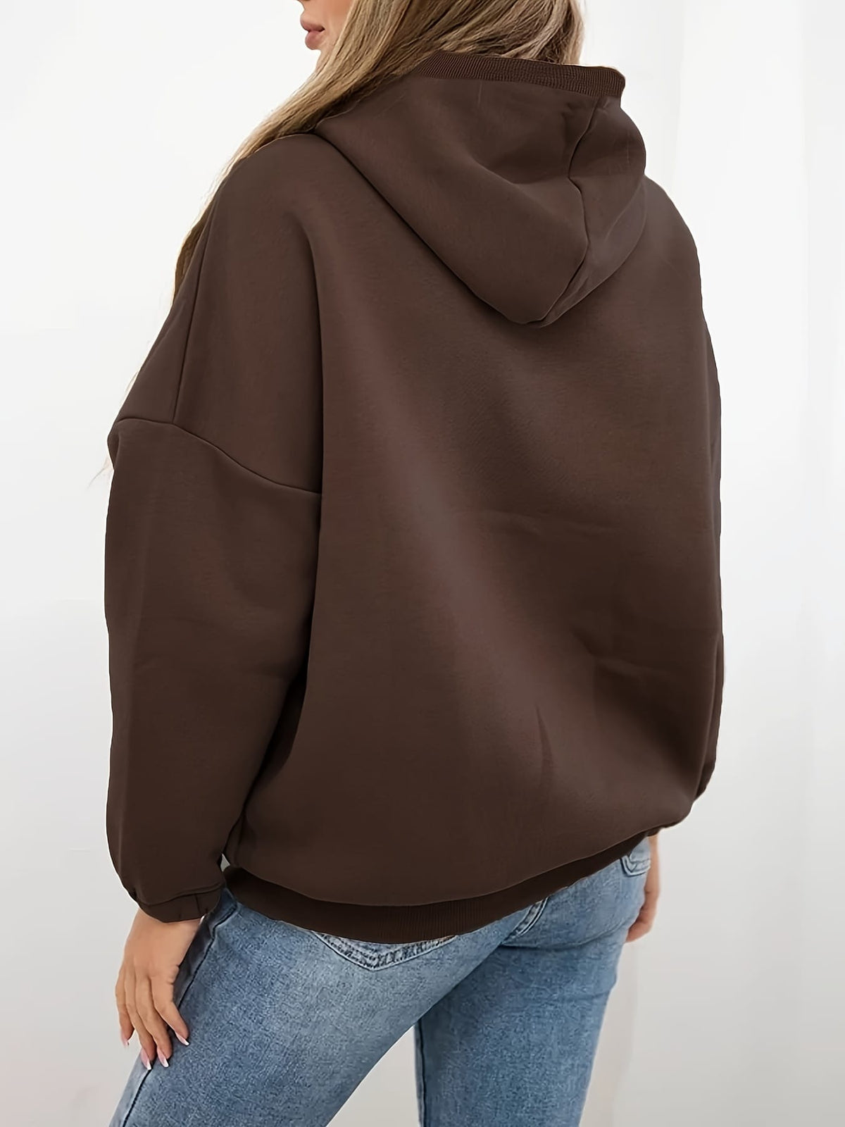 jkthpu-45 Plus Size Coffee Brown Half-Zip Hooded Sweatshirt – Casual Autumn Winter