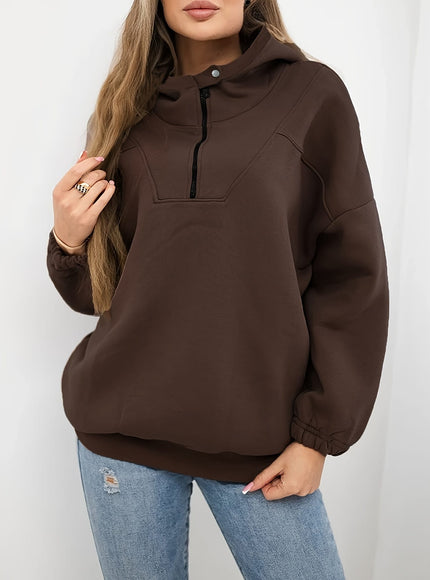 jkthpu-45 Plus Size Coffee Brown Half-Zip Hooded Sweatshirt – Casual Autumn Winter