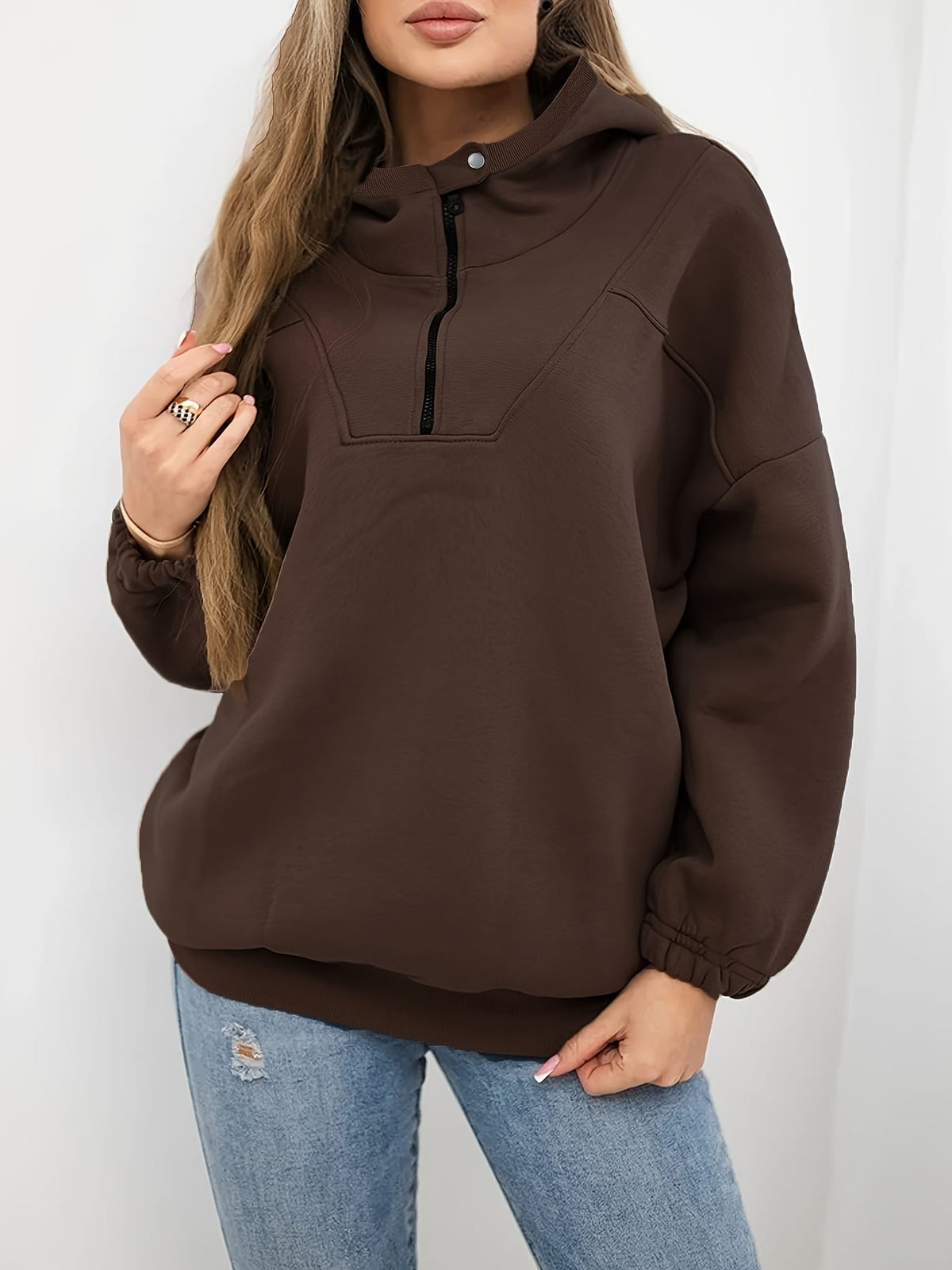 jkthpu-45 Plus Size Coffee Brown Half-Zip Hooded Sweatshirt – Casual Autumn Winter