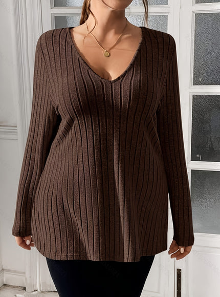 jkthpu-45 Plus Size Coffee Brown V-Neck Knit Sweater – Elegant Long Sleeve
